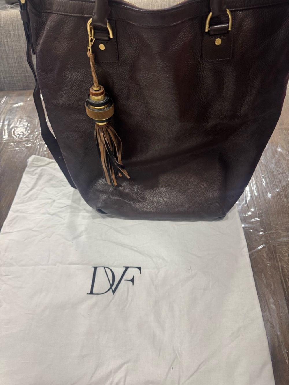 Diane Von Furstenberg Dark Brown Leather Tote with Tassel Charm